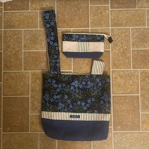 Dunsinane Blue Floral Print/ Cream Black Stripe Reversible Tote Bag & Zip Pouch
